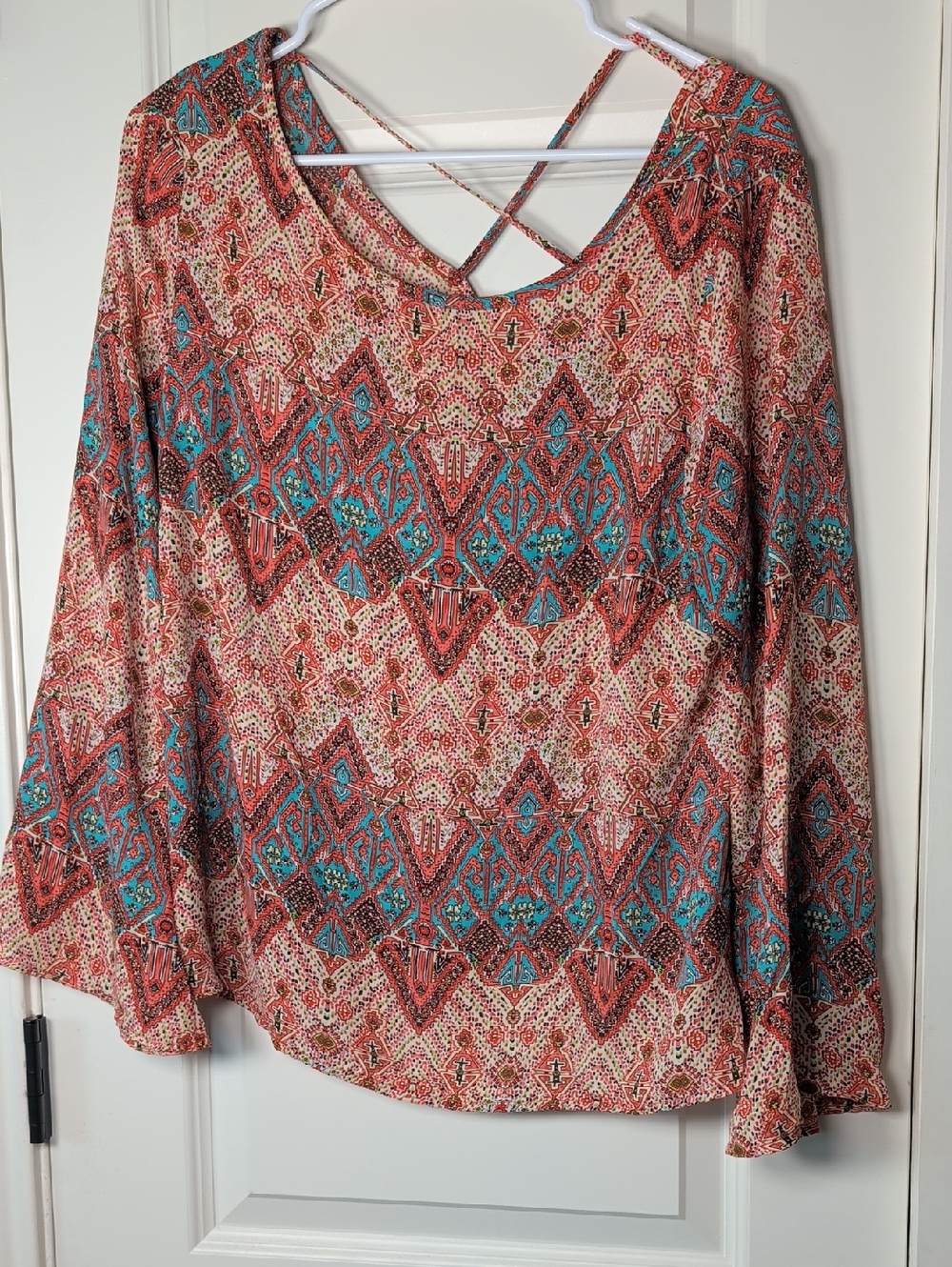 Wishful Park Coral & Teal Boho Crisscross Long Sleeve Top
